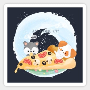 Puppies eat happy pizza bed Magnet